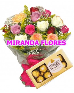 33 - BUQUÊ 12 ROSAS COLORIDAS + FERRERO ROCHER 8 UN   